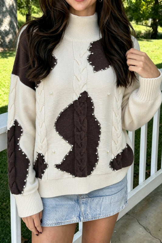 Beige Cable Detail Knit Beaded Western Spots Mock Neck Sweater